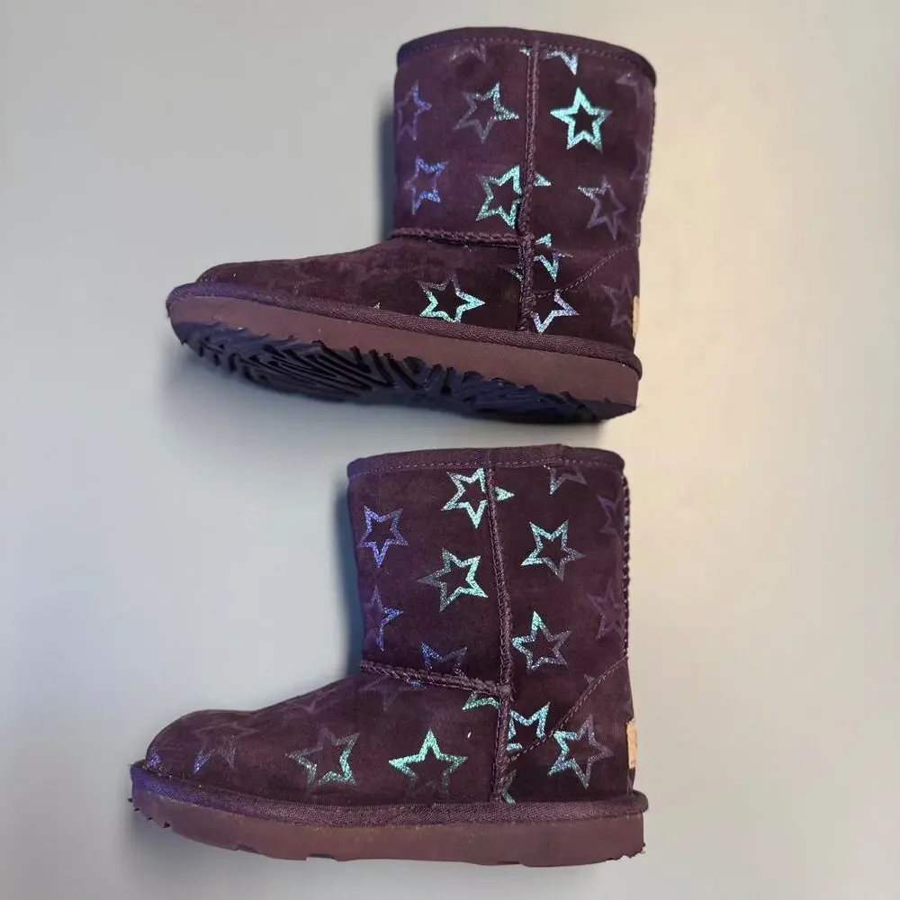 UGG Girls Sz 11 Boots Classic II Purple Iridescent Stars Nightshade